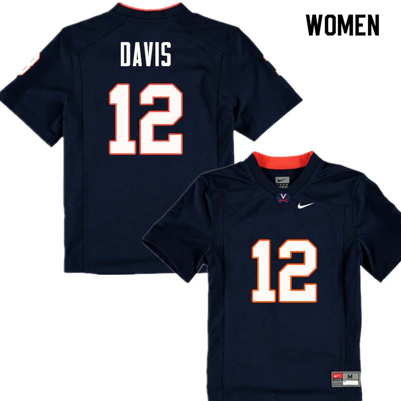 Women #12 Bob Davis Virginia Cavaliers College Football Jerseys Sale-Navy - Click Image to Close